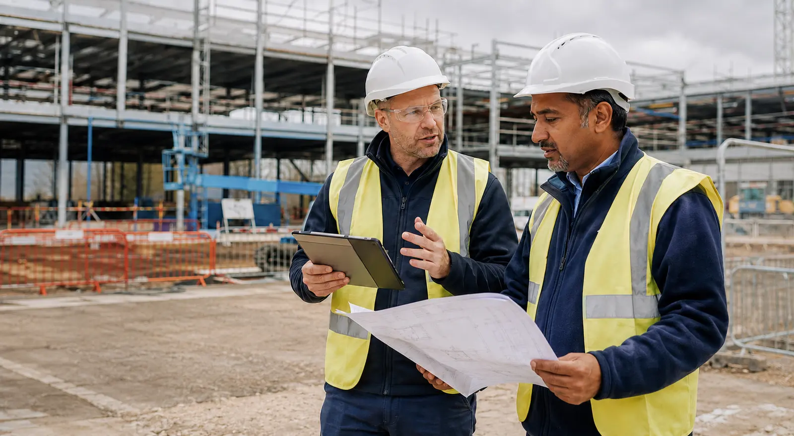 An NVQ assessor reviewing construction evidence with an experienced construction professional on site
