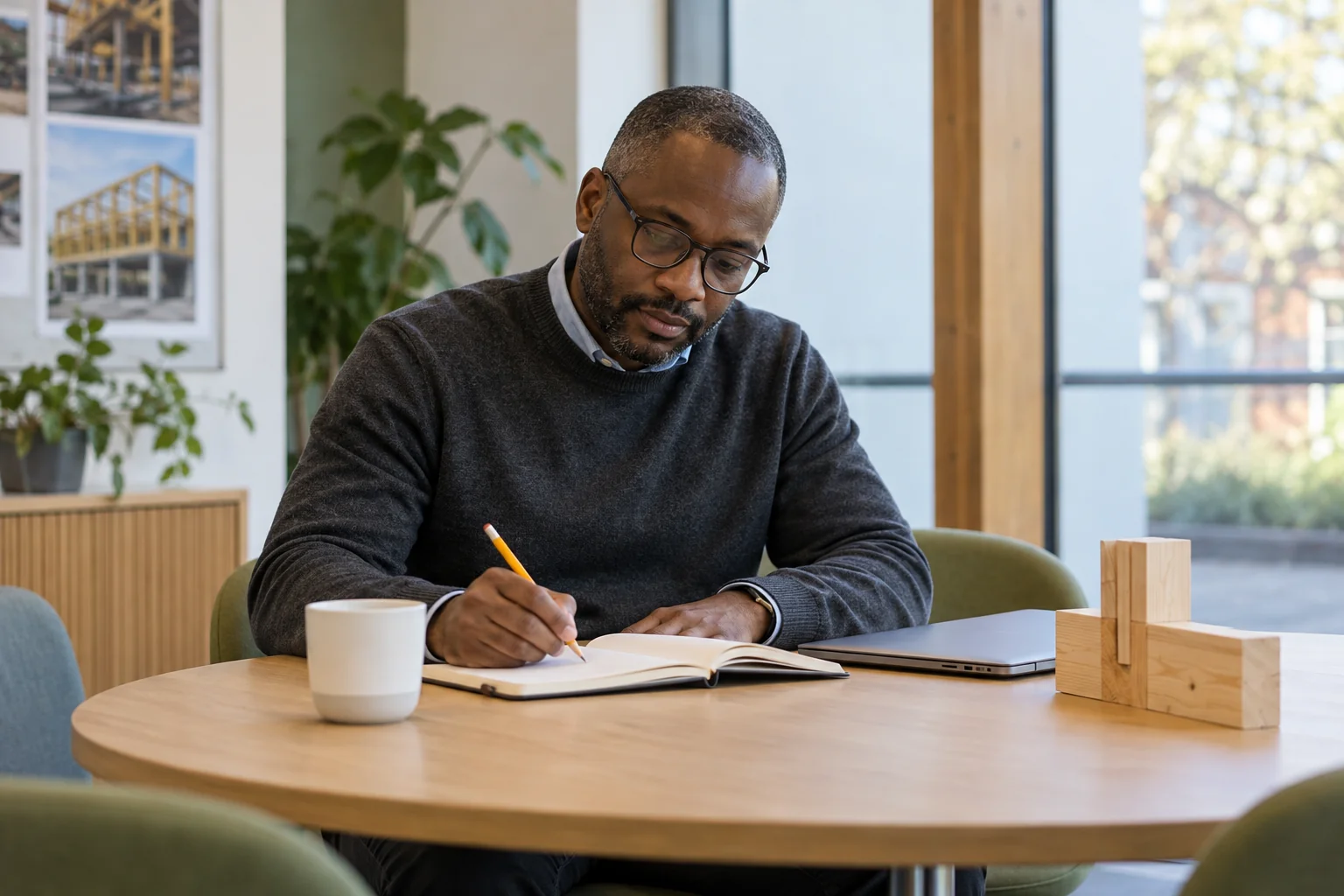 A professional reflecting on learning after a construction activity
