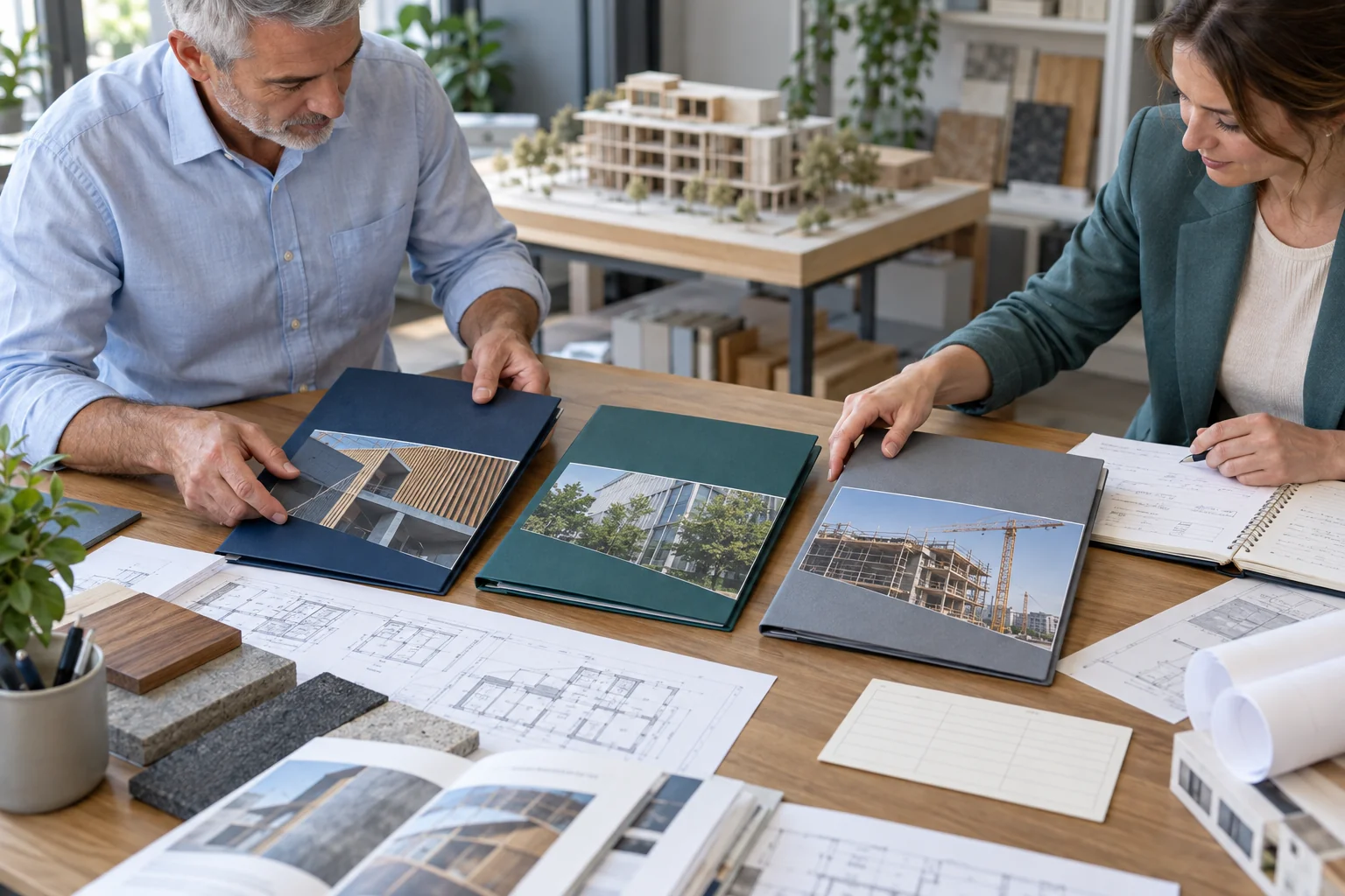 Illustrative scene of two construction trainers organising a portfolio of course materials