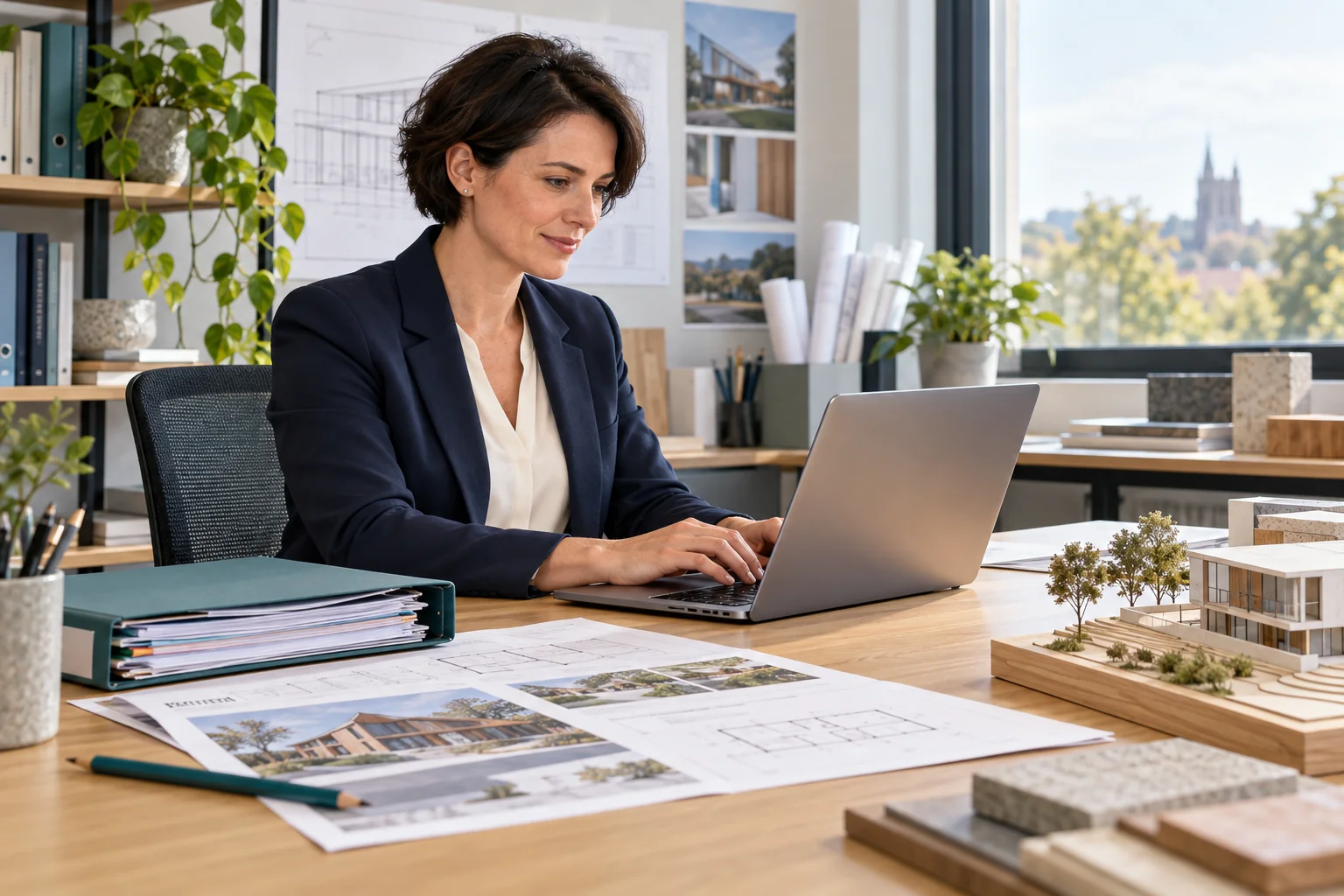 Illustrative scene of a construction trainer preparing an accreditation application on a laptop