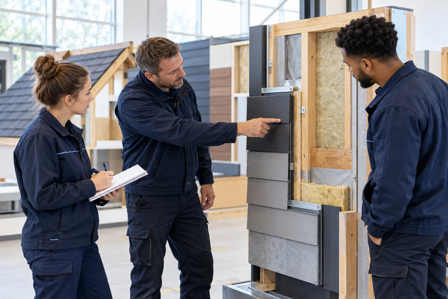 Construction learners examining a demonstration facade and material samples