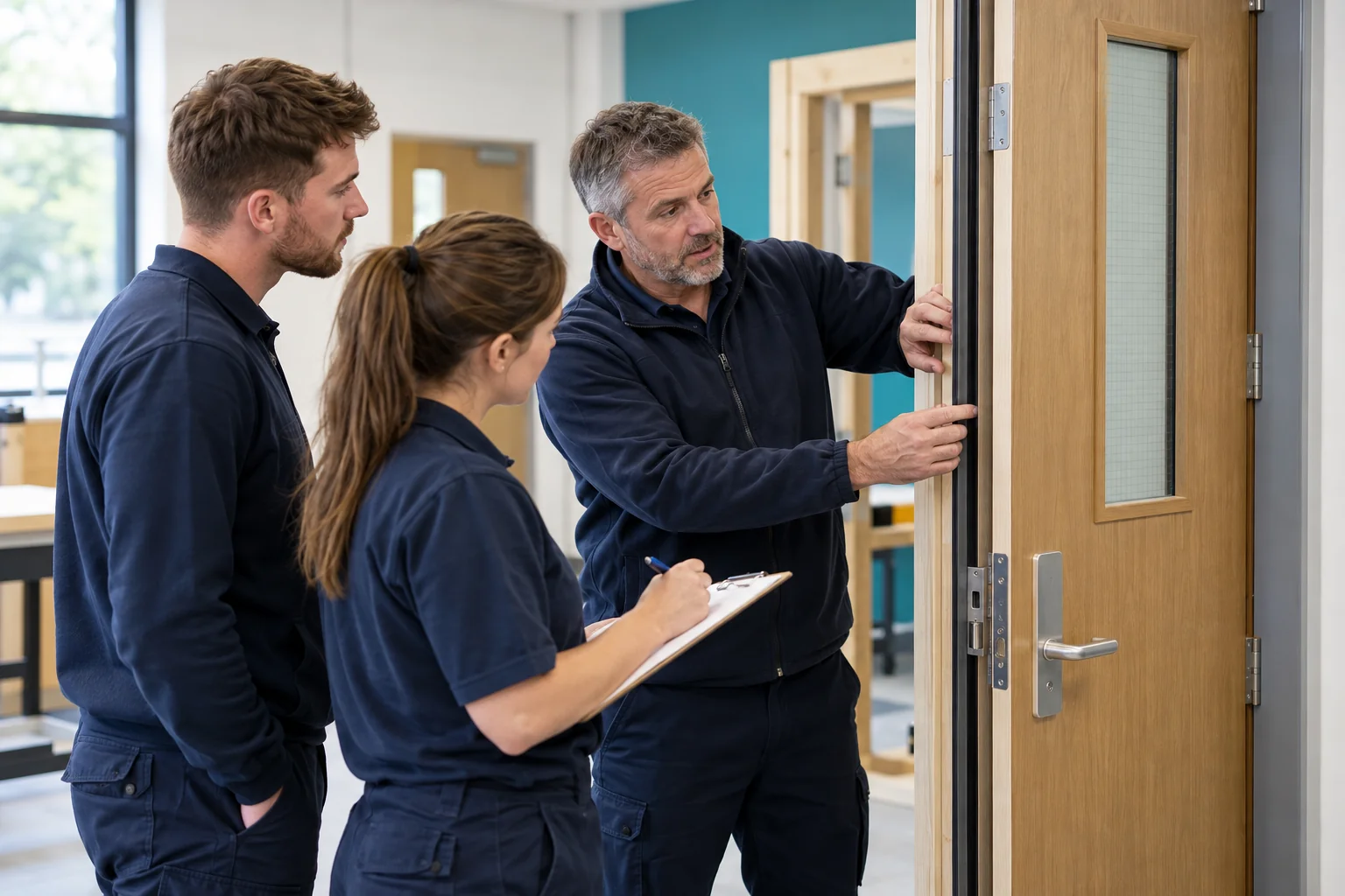 A tutor explaining a demonstration fire door to learners in a training centre