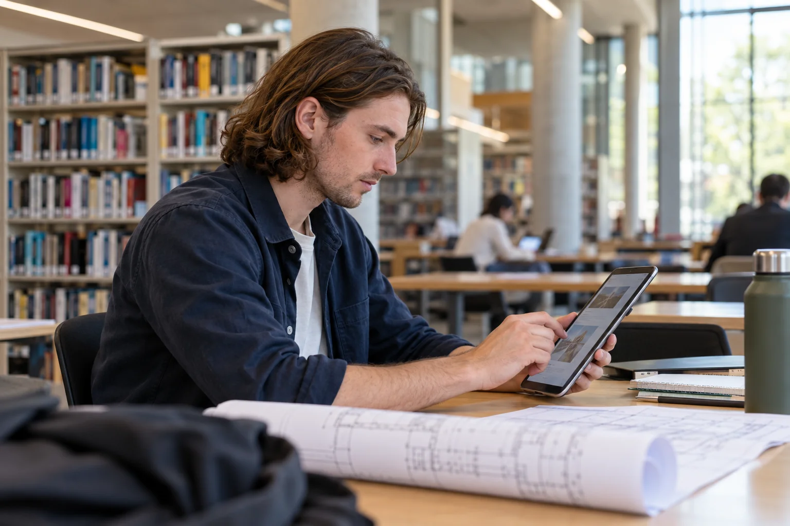A professional reading a construction learning resource on a tablet