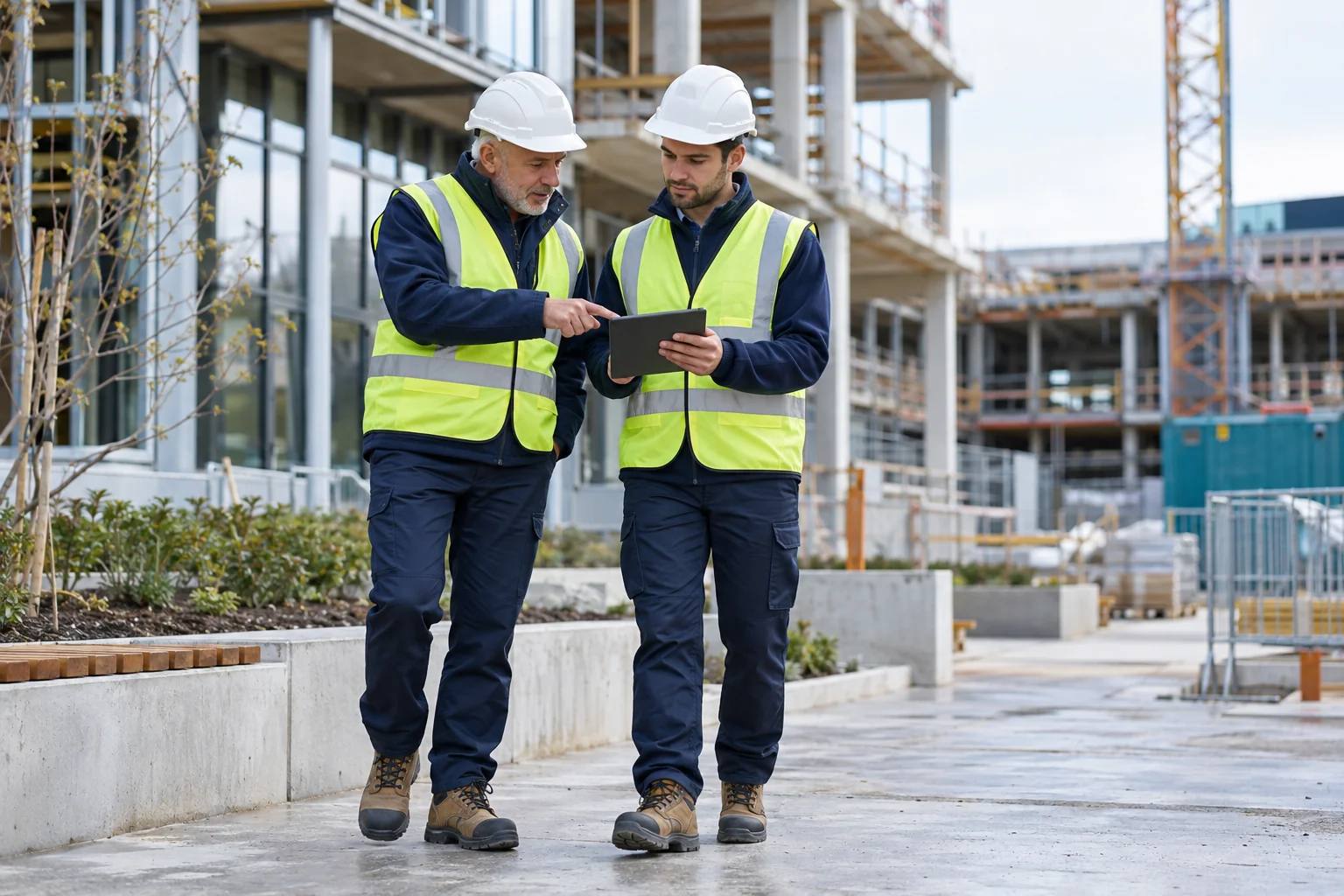 A construction quality inspector and colleague reviewing a tablet on site