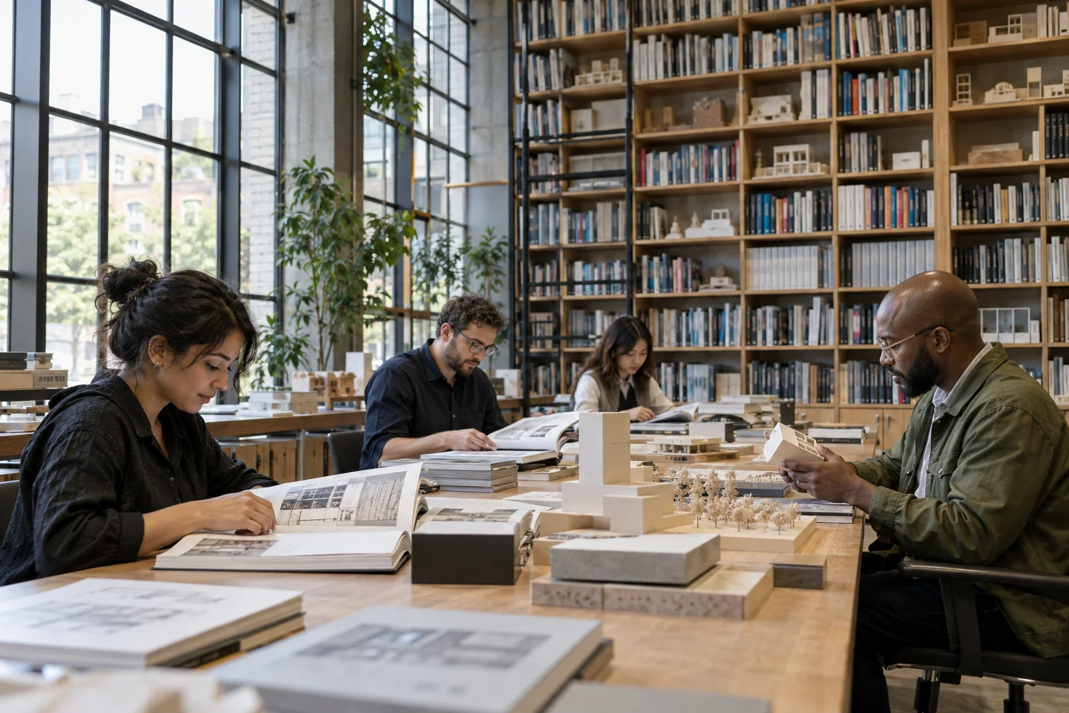 Construction professionals exploring technical reference materials in a library