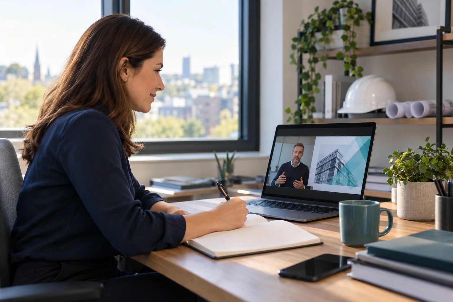 A construction professional taking notes during an online CPD session