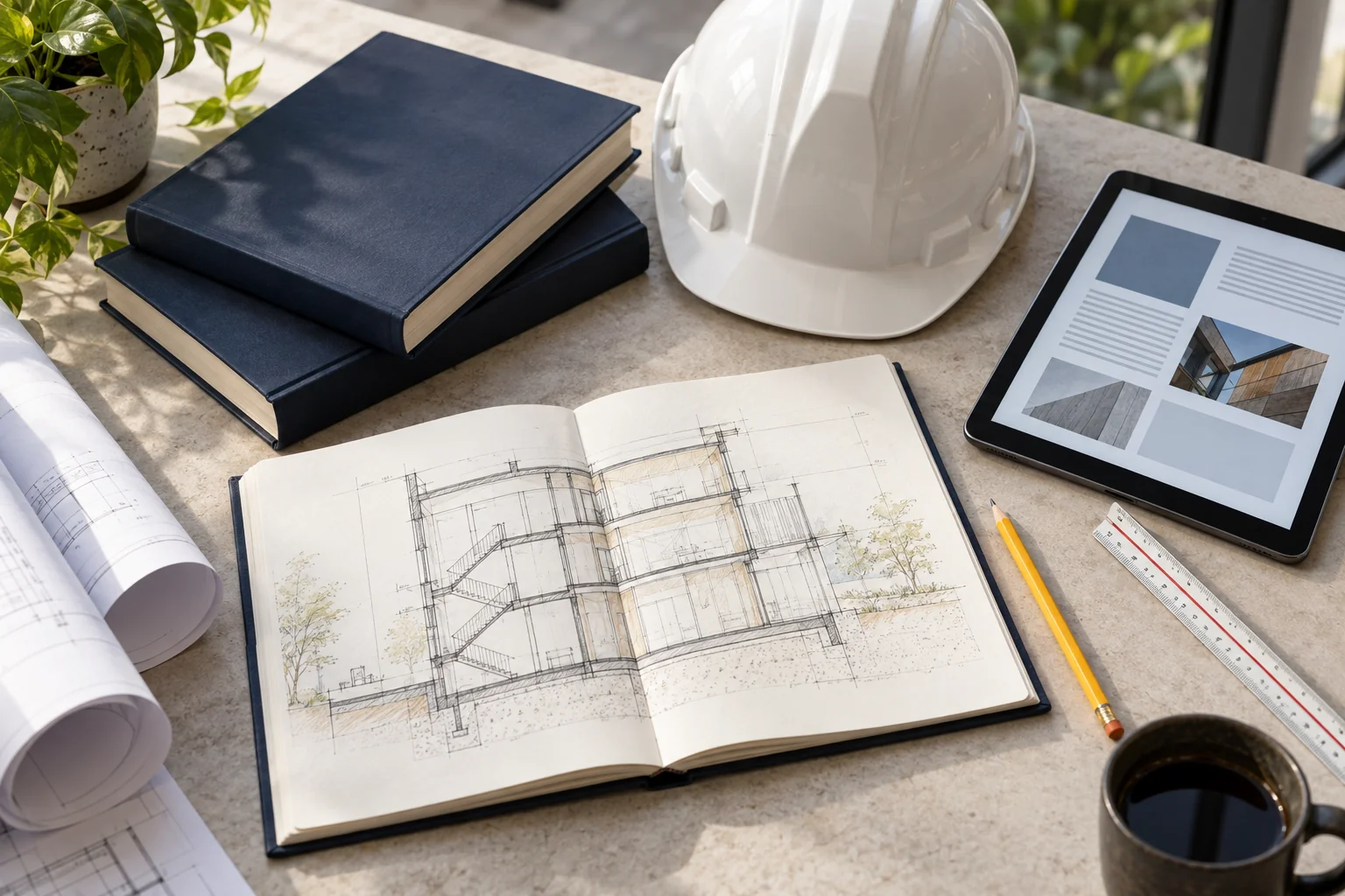 Construction reference materials, drawings and study tools on a desk