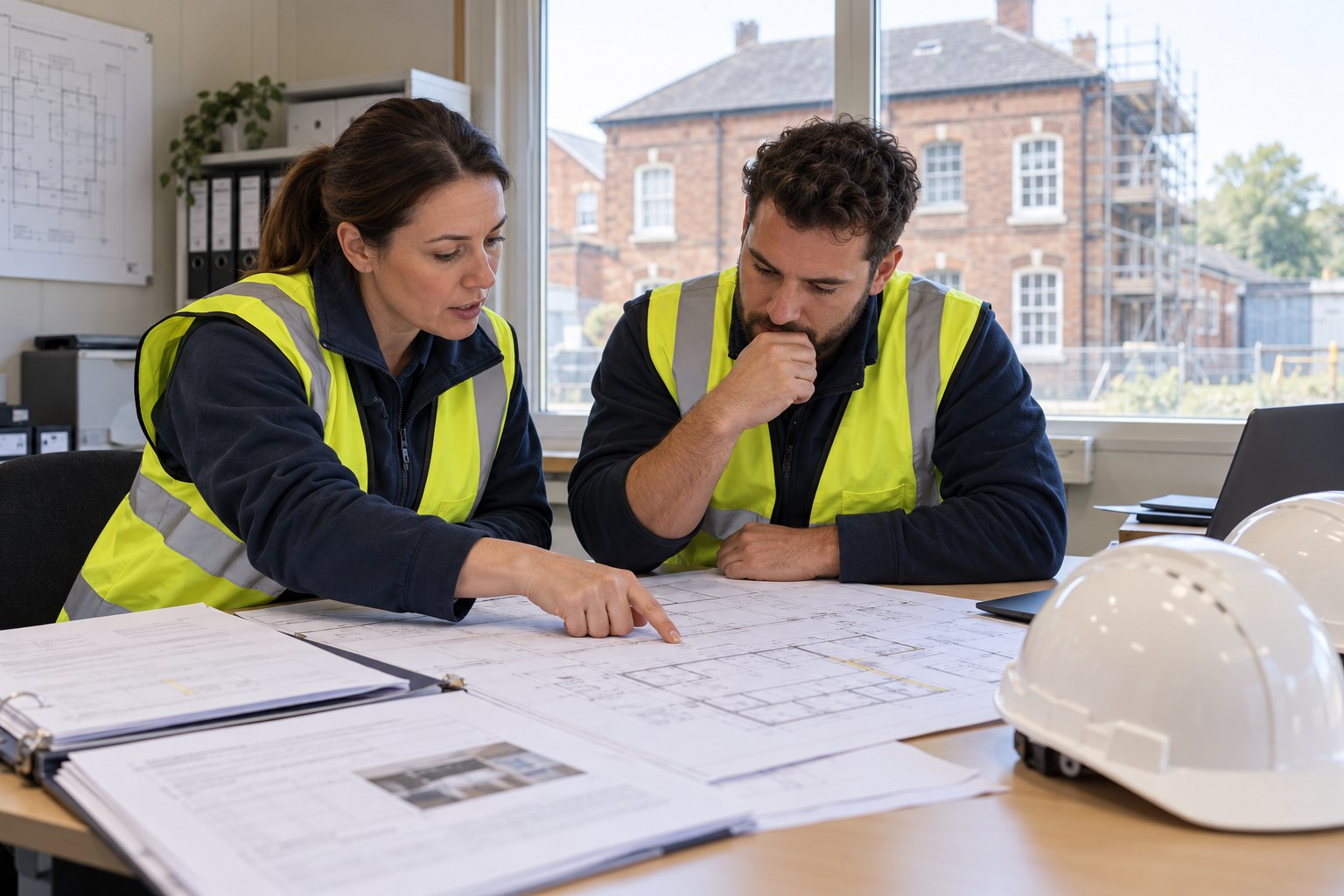 Construction professionals in yellow hi-vis reviewing building plans and asbestos information before work