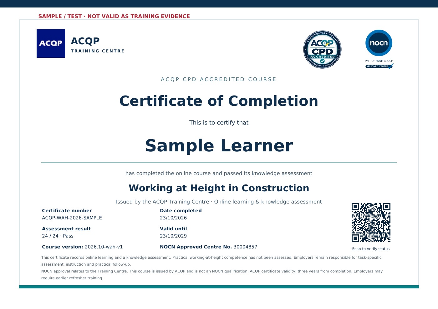 Sample Working at Height certificate issued by ACQP Training Centre, with a unique certificate number and QR code