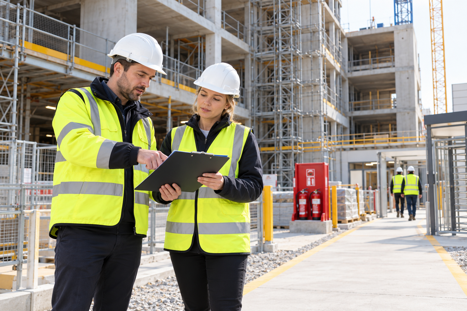 Construction supervisors in yellow hi-vis reviewing a fire safety plan beside a site fire point