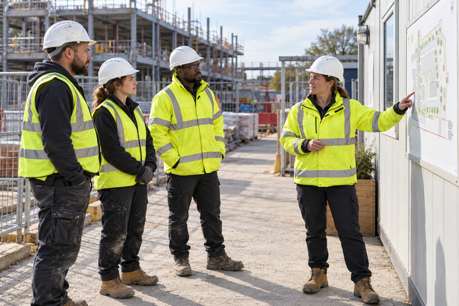 Construction workers in yellow hi-vis attending a fire safety induction beside a site cabin
