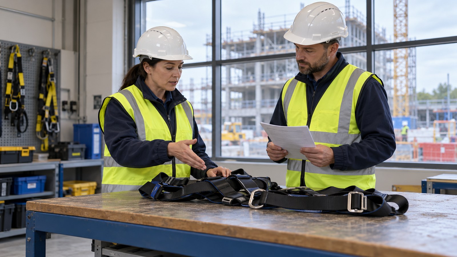 Trainer and learner in yellow hi-vis discussing a harness at a ground-level inspection bench
