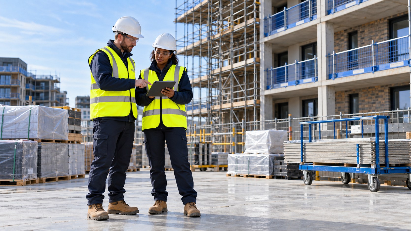 Two construction professionals in yellow hi-vis reviewing a handling plan beside materials and a trolley