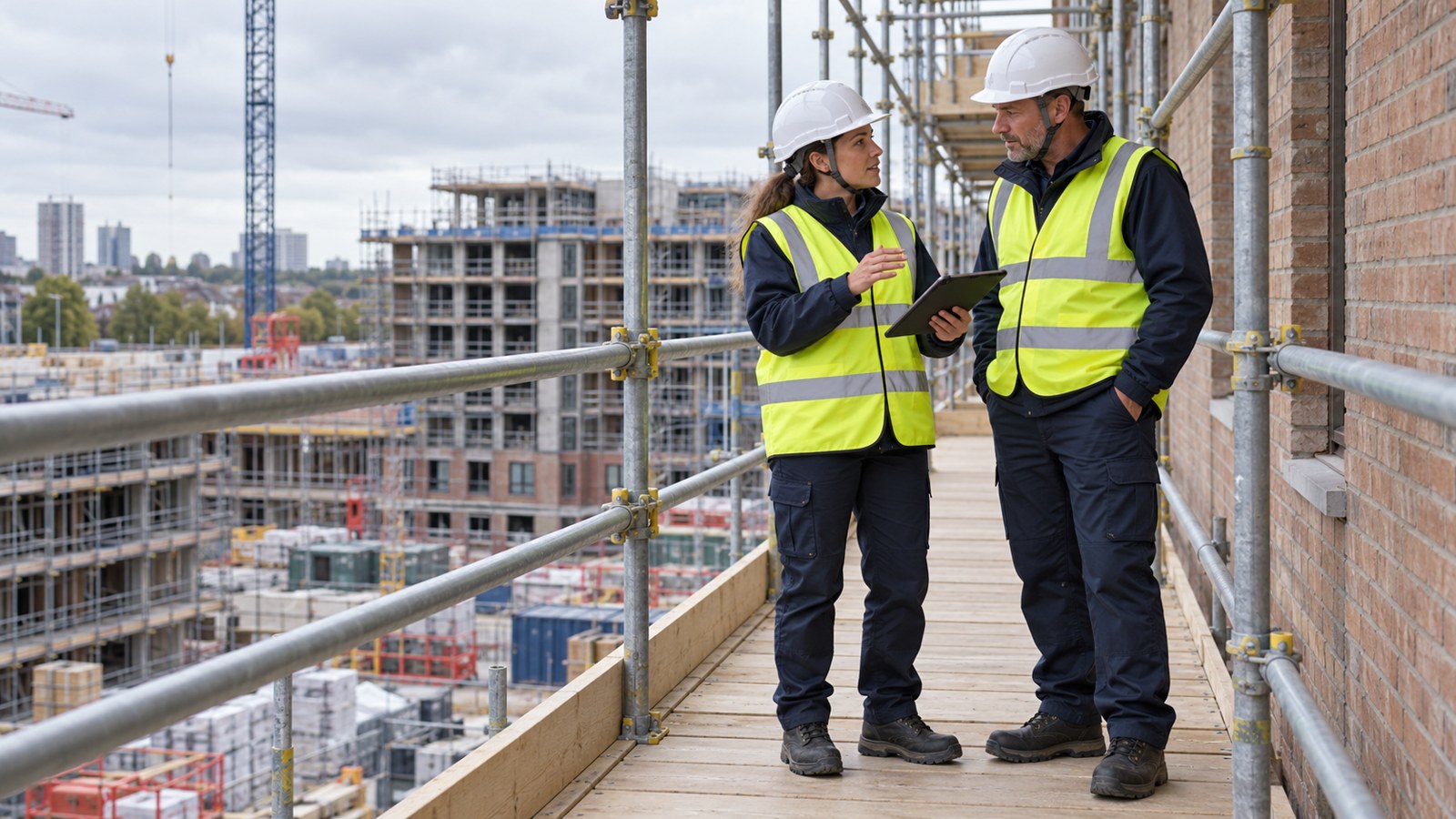 Construction professionals in yellow hi-vis discussing a plan on a guarded scaffold platform